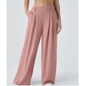 Mauve Pink High Waisted Wide Leg Pleated Trousers with Elastic Back Waistband
